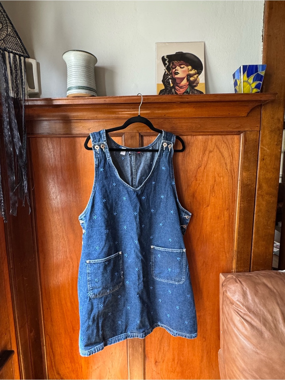 Embroidered Denim Pinafore Midi Dress in Blue